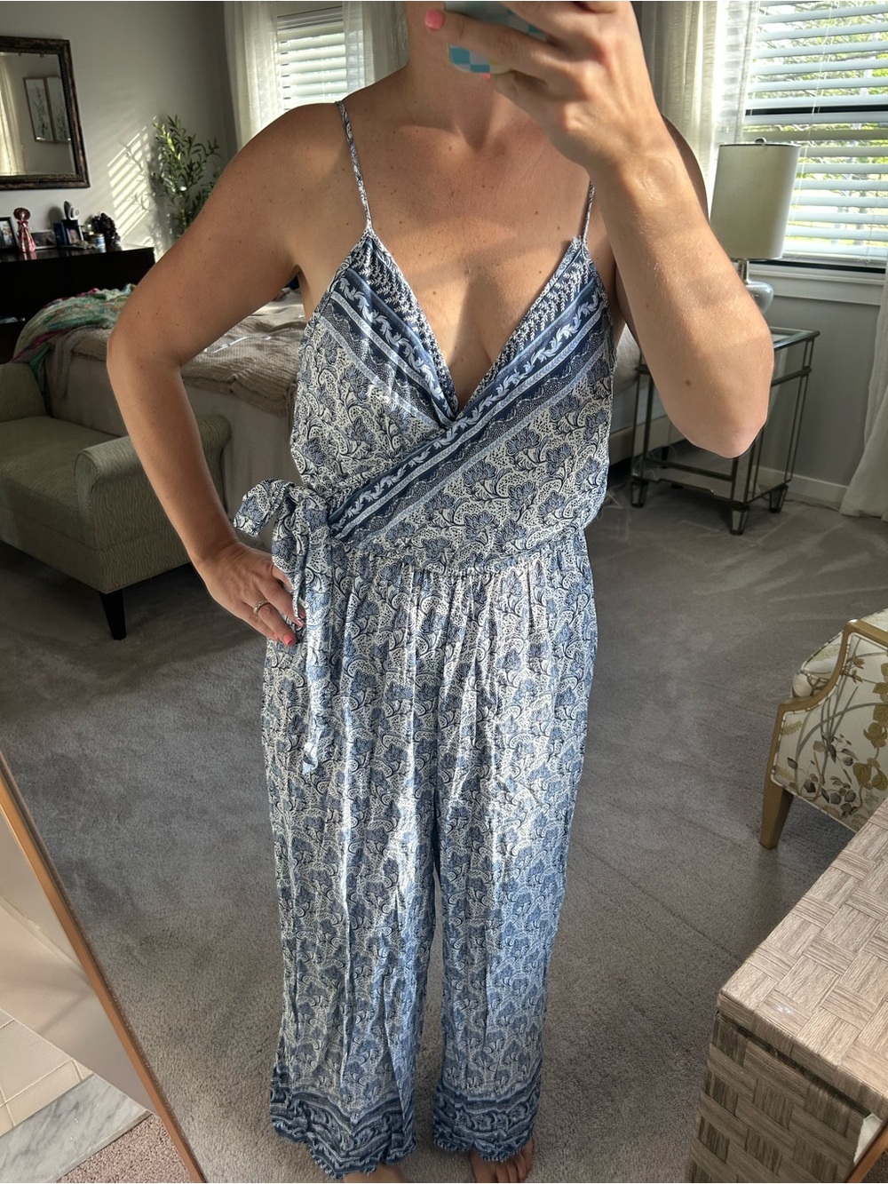 Women’s Blue Paisley Wrap Jumpsuit